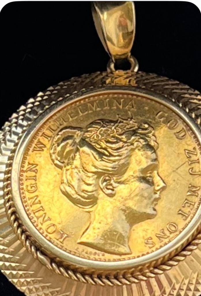 Antieke gouden 10 gulden Wilhelmina 1898 hanger, Ophalen of Verzenden, Goud