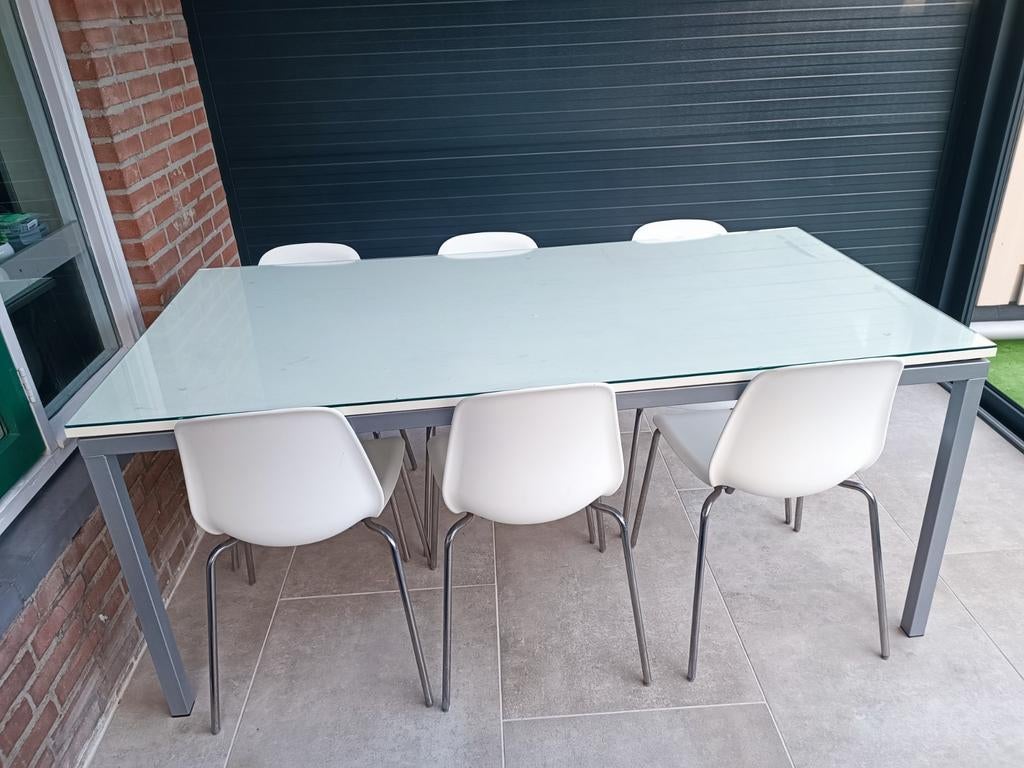 Eettafel met glazen blad 180x80x79cm, Gebruikt, 200 cm of meer, Rechthoekig, 50 tot 100 cm