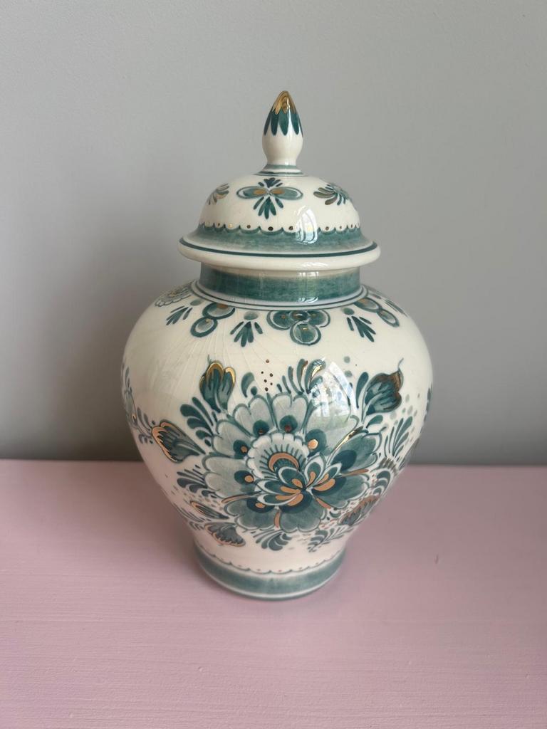 Delfts Holland groen handgeschilderde vaas met deksel, Antiek en Kunst, Antiek | Vazen, Ophalen of Verzenden