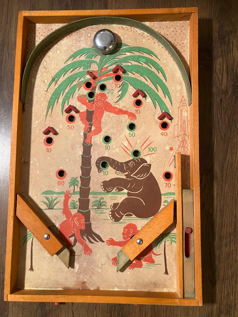 Vintage knikkerbord / flipperbord jungle  jaren 50  compleet, Ophalen