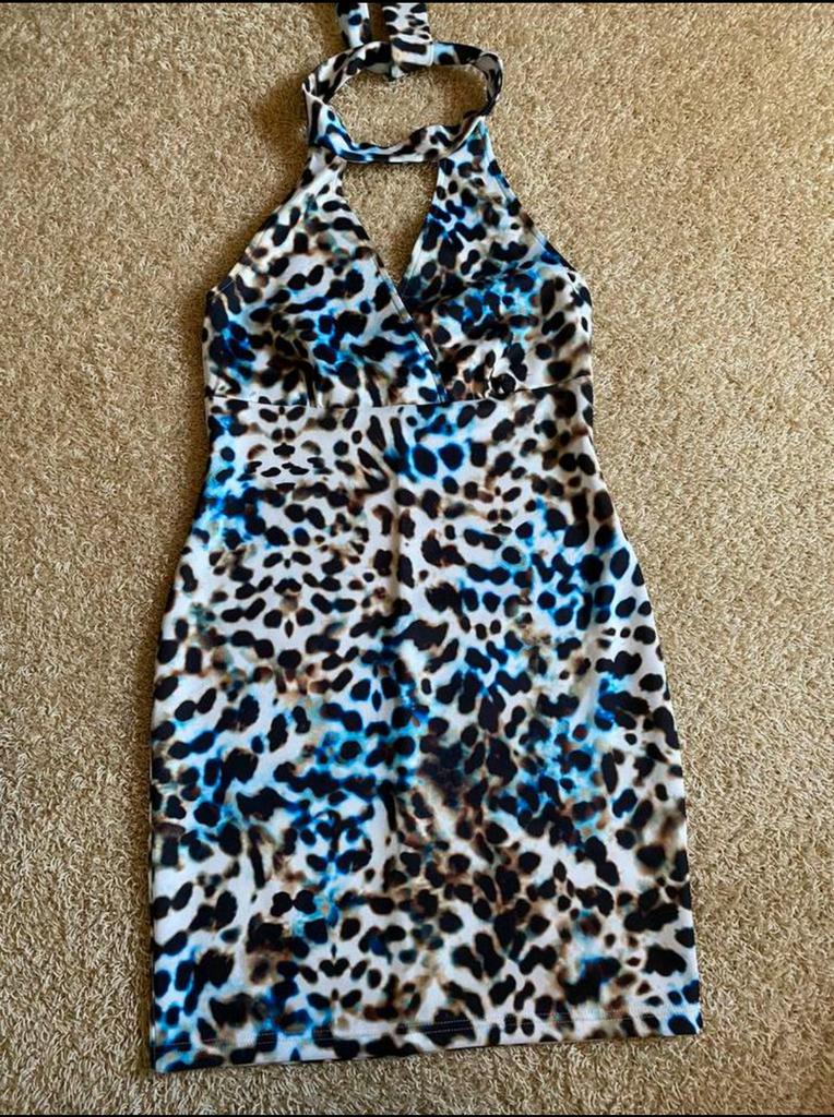 Halter jurk Leopard blauw-wit-beige maat L, Blauw, Maat 42/44 (L), Ophalen of Verzenden, Zo goed als nieuw