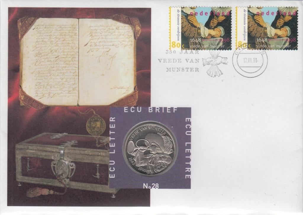 Nederland ECU brief No. 28 Vrede van Munster 1998 + penning, Postzegels en Munten, Ophalen of Verzenden, Overige materialen, Nederland