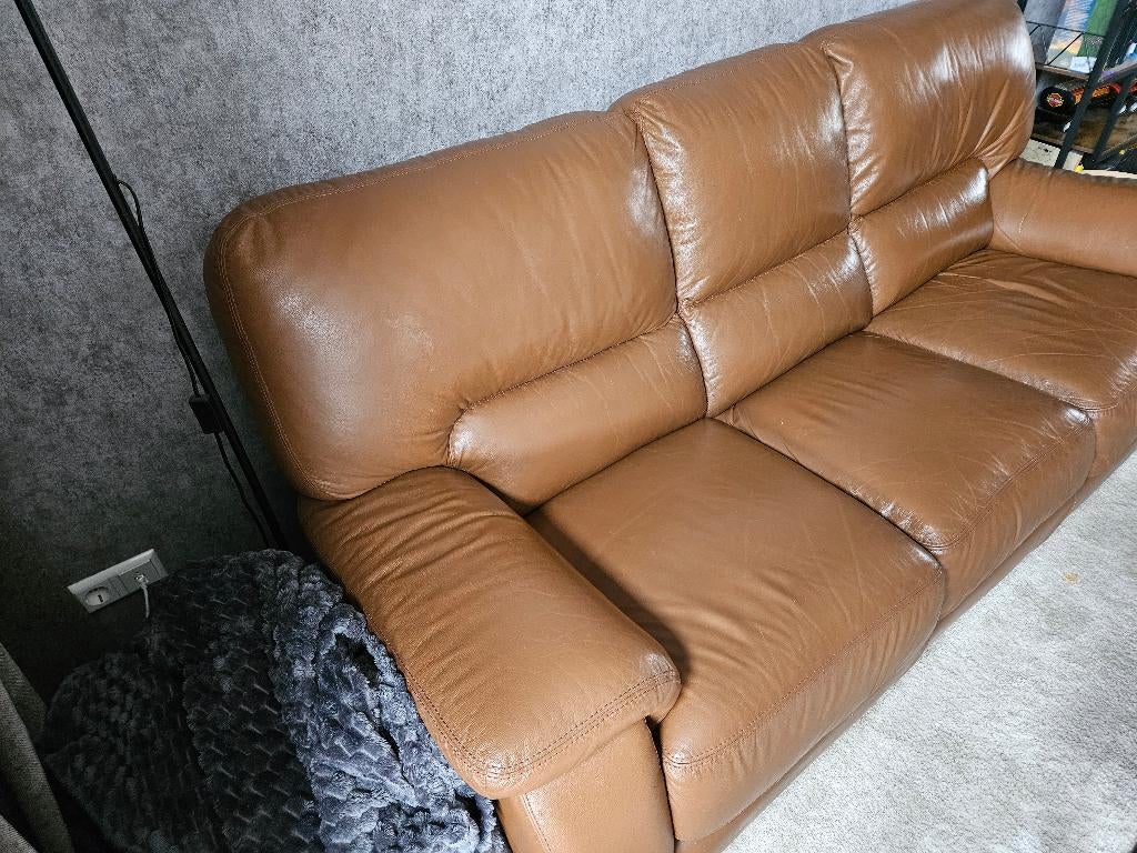 Leren bank, Huis en Inrichting, Banken | Bankstellen, Ophalen, Gebruikt, 150 tot 200 cm, Driepersoons