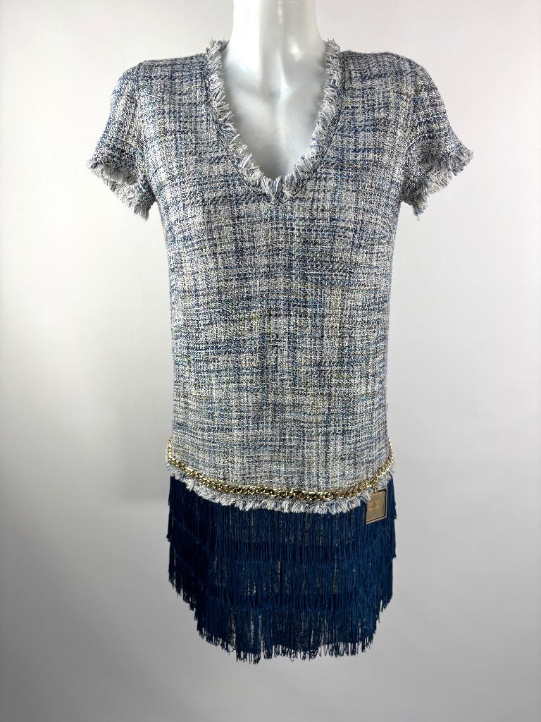 ELISABETTA FRANCHI Blauw tweed fringes jurk IT 46 - EU 38/40, Kleding | Dames, Jurken, Maat 38/40 (M), Ophalen of Verzenden, Zo goed als nieuw