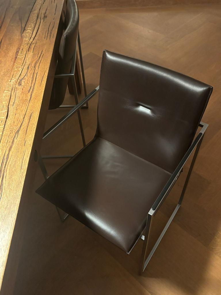 6 Arco Frame eettafelstoelen, premium donkerbruin leder, Huis en Inrichting, Ophalen, Bruin, Leer, Zo goed als nieuw