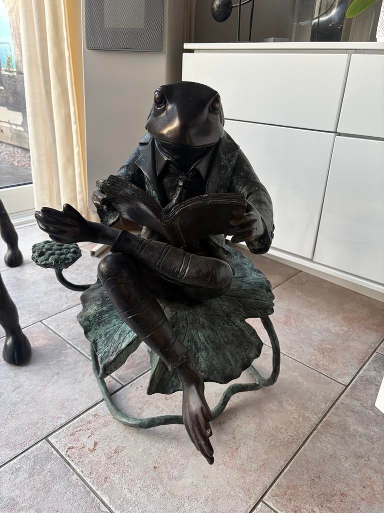 Bronzen Kikker Lezend Boek Beeld - Uniek Decoratiestuk, Antiek en Kunst, Ophalen of Verzenden