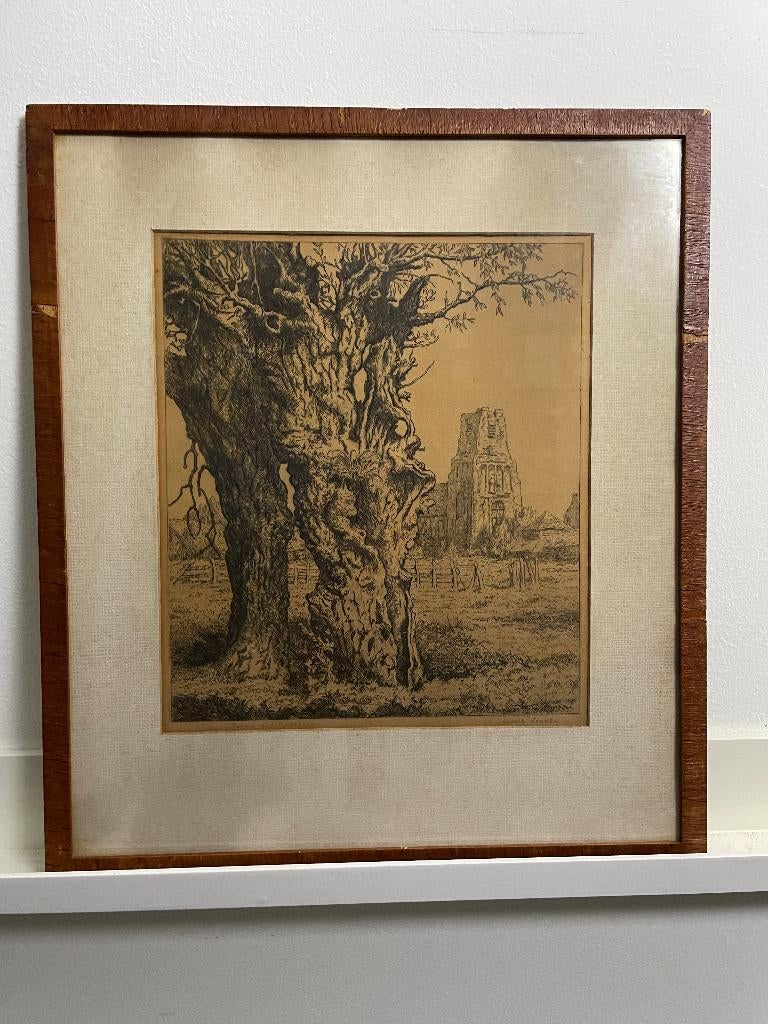 Gerrit N. Woudt (1911-1983) - ets knotwilg en kerktoren, Ingelijst, Ophalen of Verzenden, Flora en Fauna, 1950 - 1999