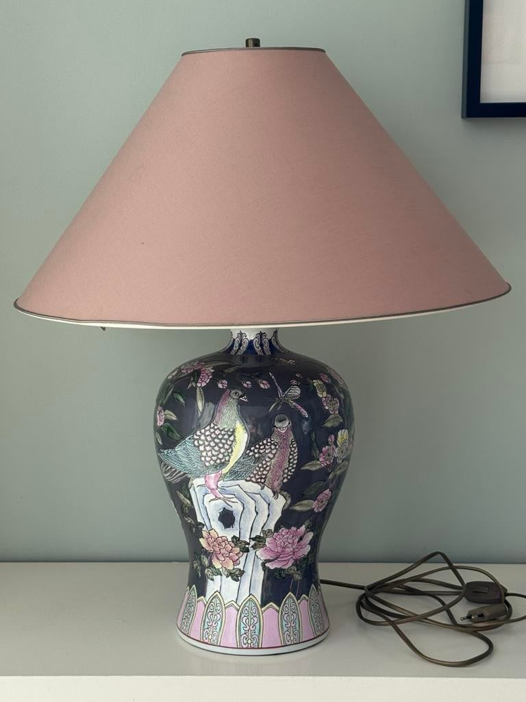 Vintage tafellamp met Oosterse print vogels en bloemen, Huis en Inrichting, Lampen | Tafellampen, Ophalen of Verzenden, Gebruikt