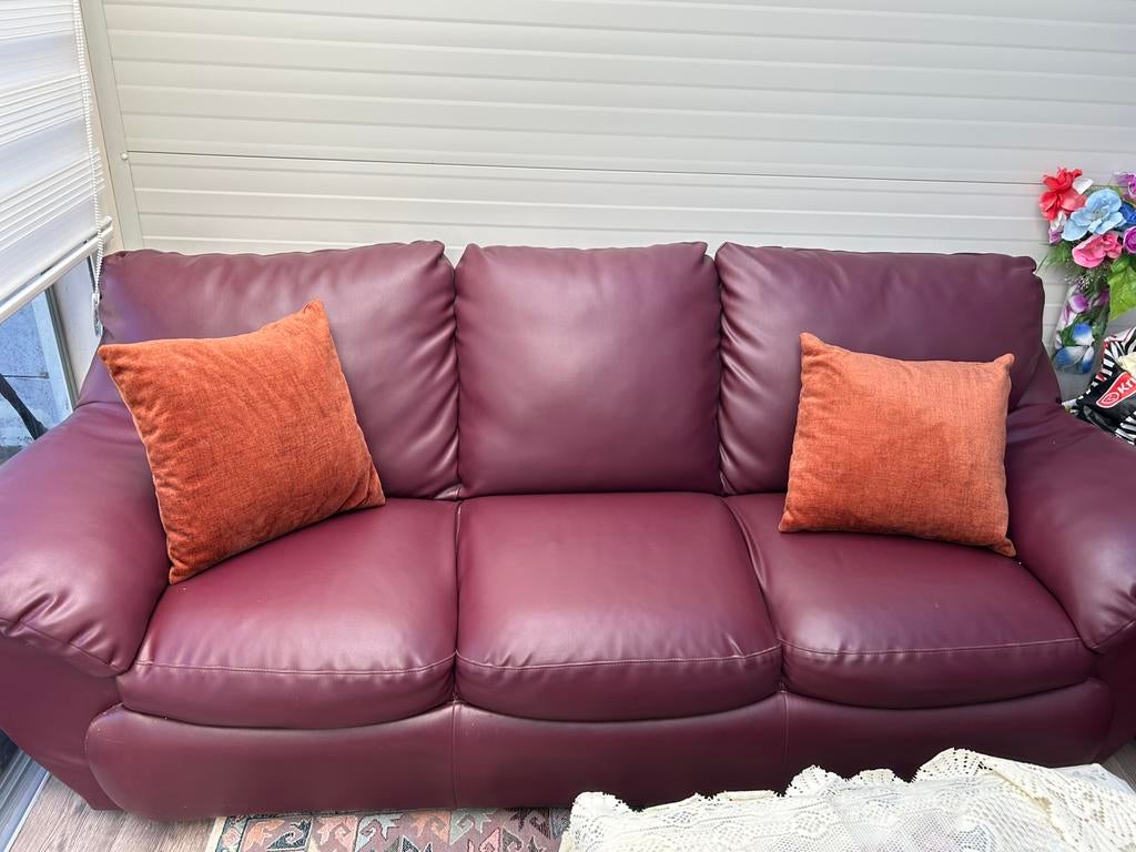 2x 3 zits leren banken bordeaux/donkerrood, Ophalen of Verzenden, Zo goed als nieuw, 75 tot 100 cm