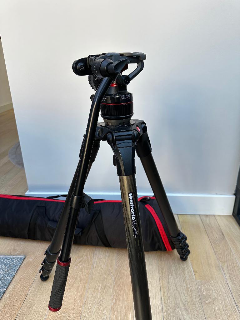 Manfrotto professioneel film statief, Audio, Tv en Foto, Fotografie | Statieven en Balhoofden, Gebruikt, 175 cm of meer, Met balhoofd