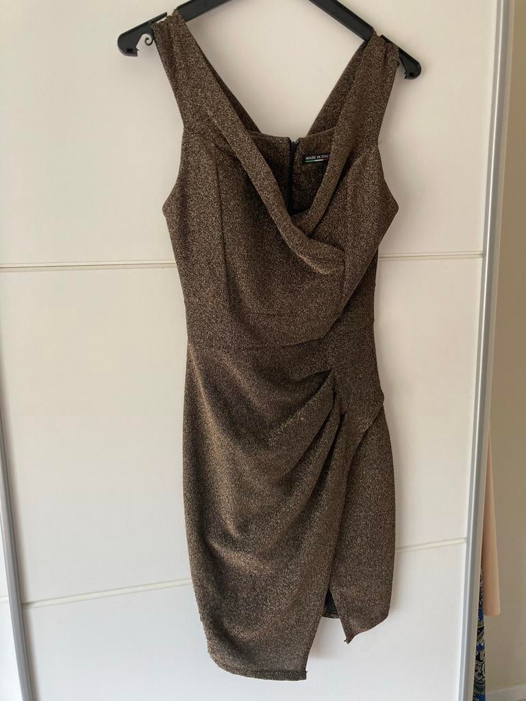 Bruin/goud cocktail jurkje met split, Bruin, Ophalen of Verzenden, Maat 36 (S), Gedragen