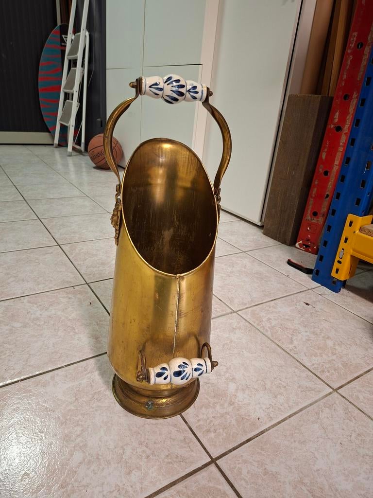 Antieke Messing Kolenkit met Porseleinen Handvatten, Ophalen of Verzenden