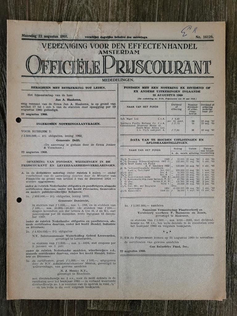 Officiele Prijscourant 22 augustus 1960, Ophalen of Verzenden, Gelezen, Krant
