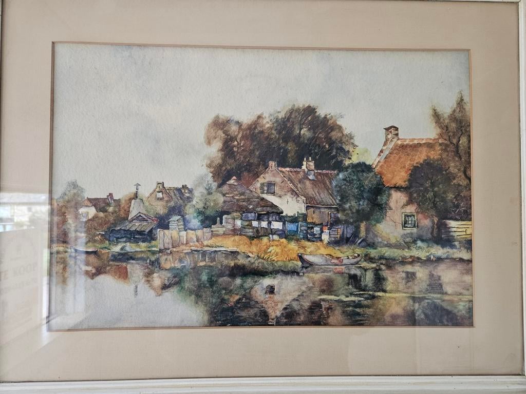 Sfeervolle aquarel van Hollands landschap aan het water, Antiek en Kunst, Kunst | Schilderijen | Klassiek, Ophalen of Verzenden
