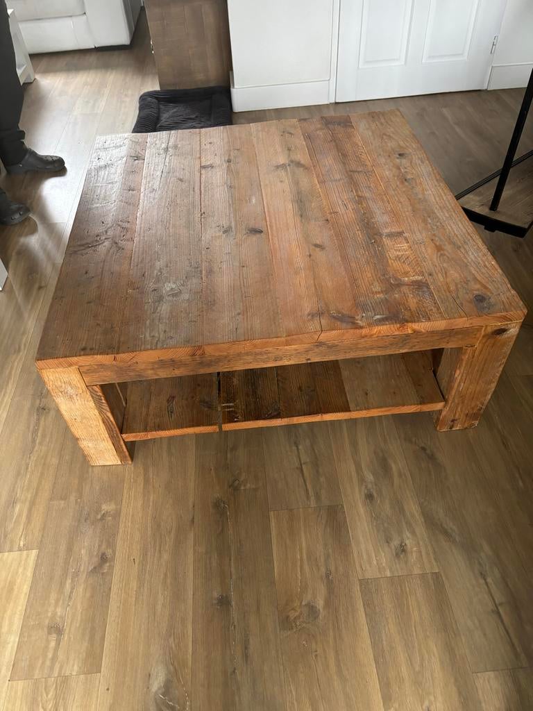 Houten salontafel van Douglashout met lade en, Ophalen, Gebruikt, 100 tot 150 cm, Vierkant