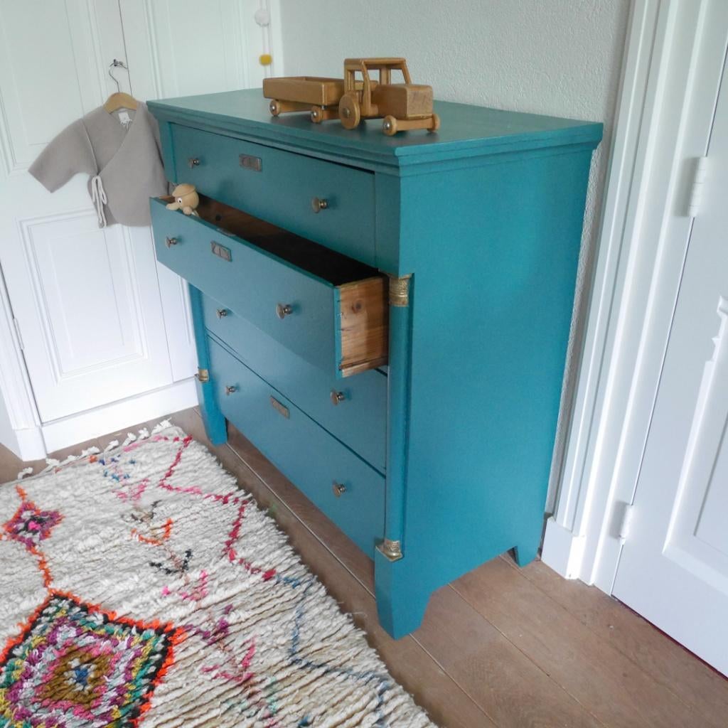 Vintage sierlijke blauw groenige commode commode ladekast, Kinderen en Baby's, Kinderkamer | Commodes en Kasten, Ophalen, 50 tot 70 cm