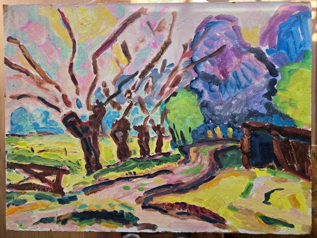 Groot schilderij P.C. Kuiper – Expressief landschap met bome, Ophalen of Verzenden