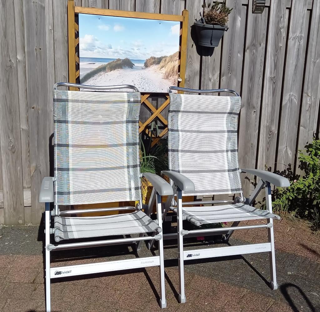 2 Dukdalf kampeerstoelen Cha Cha, 1 zonneluifel, Ophalen, Zo goed als nieuw, Campingstoel