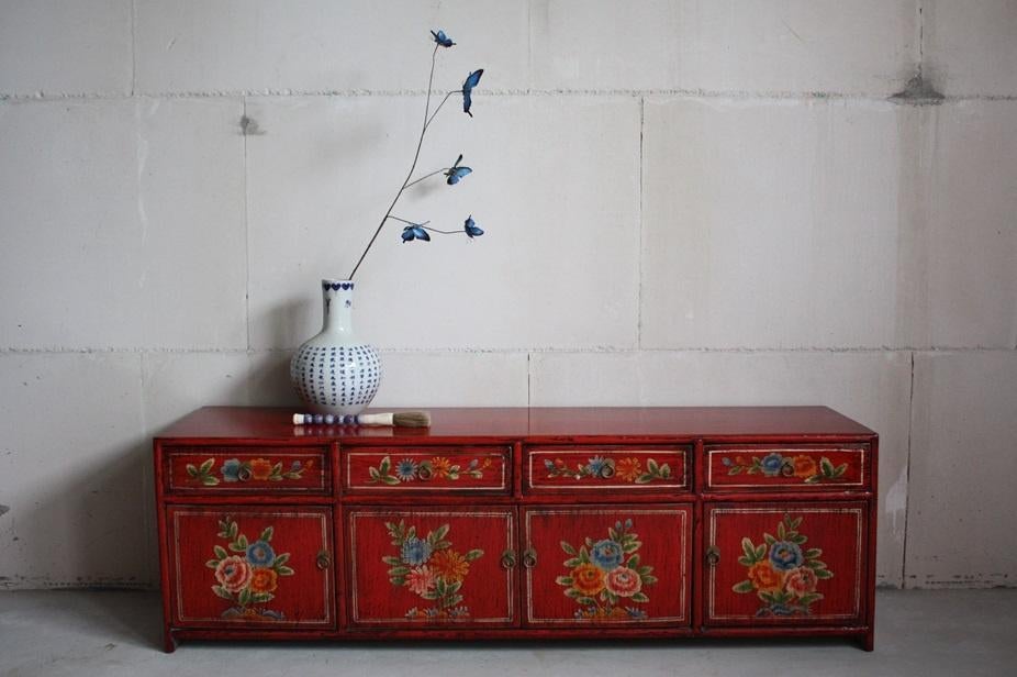 Kleurrijke Chinese Kast Beschilderde Bloemen Uniek Dressoir, Met deur(en), Kleurrijk Oosters Bohemian Landelijk Vintage Style Uniek Stoer