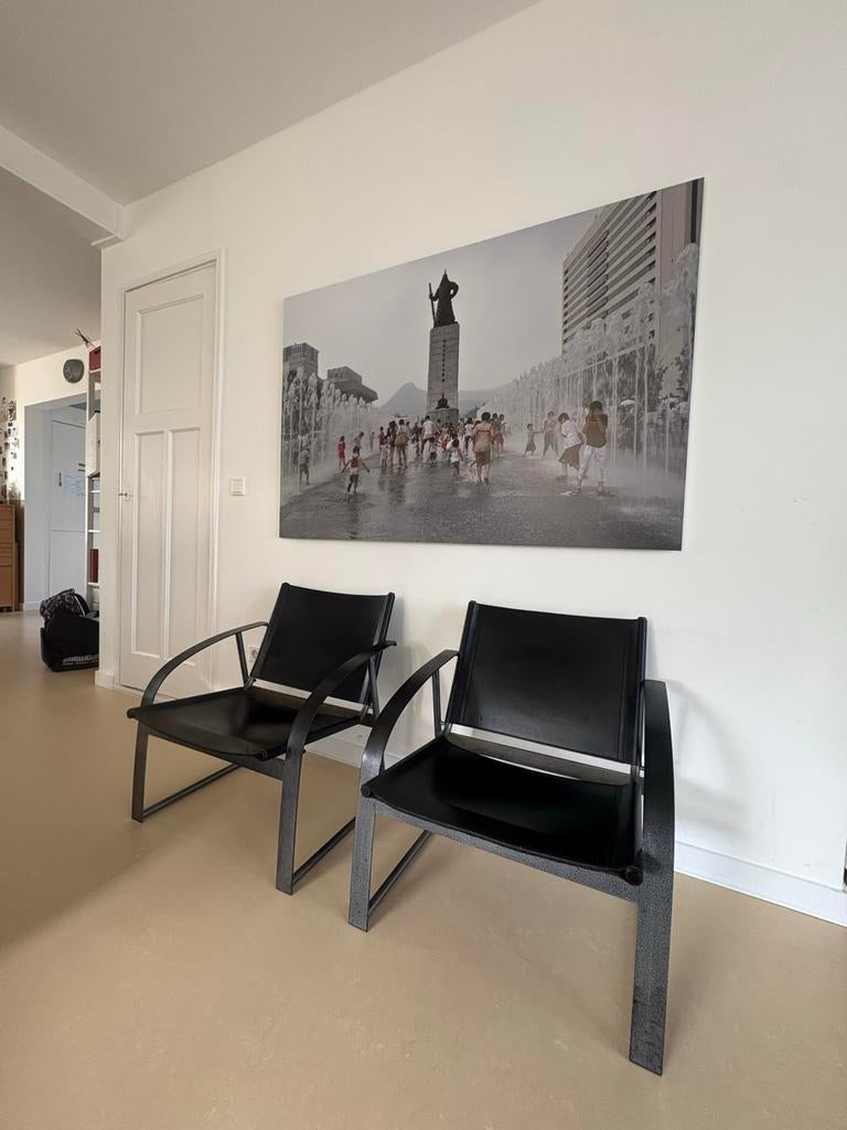 Vintage zwarte lederen stoelen, Huis en Inrichting, Stoelen, Gebruikt, Twee, Zwart, Leer