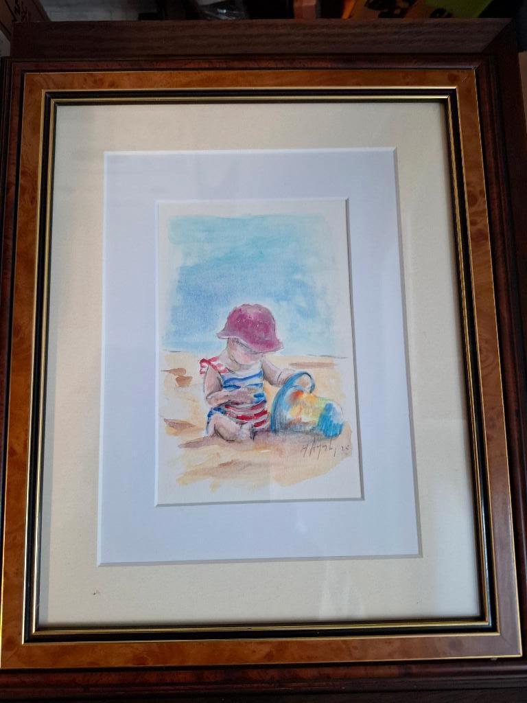 aquarel kind op strand, Ophalen of Verzenden