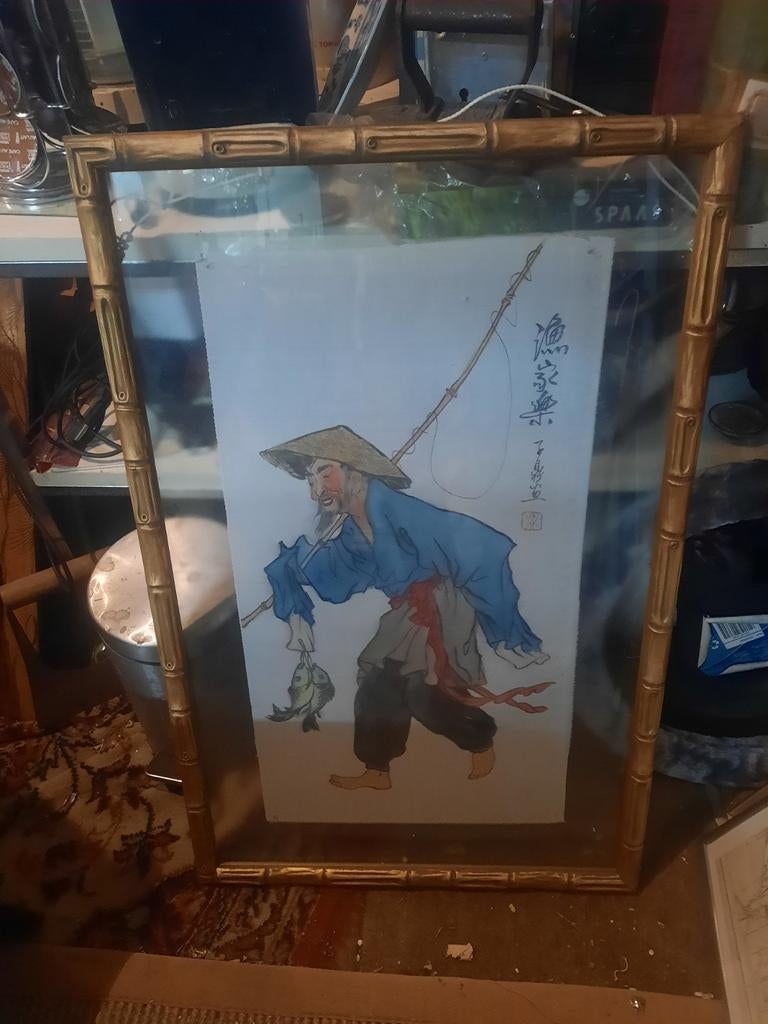 Oosters schilderij met bamboe lijst, Antiek en Kunst, Ophalen of Verzenden