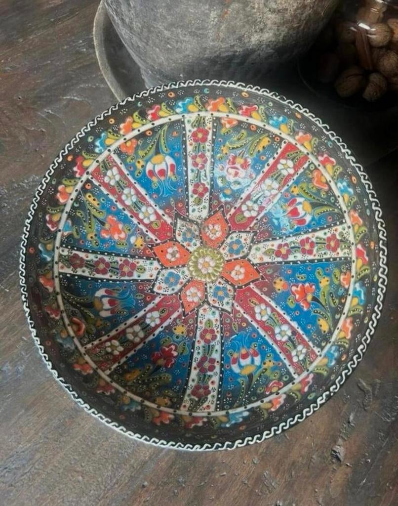 Marokkaanse schaal handbeschilderd, Huis en Inrichting, Ophalen of Verzenden, Zo goed als nieuw, Rond, Glas