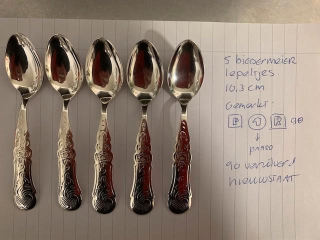 5 biedermeier lepeltjes 90 verzilverd nieuwstaat, Ophalen of Verzenden