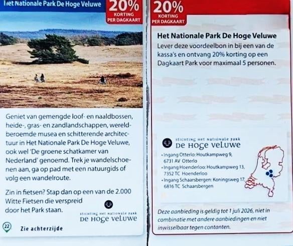 Het Nationale Park De Hoge Veluwe 20% korting, Tickets en Kaartjes, Drie personen of meer, Kortingsbon, Overige typen