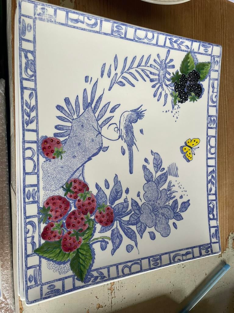 Gien OISEAU BLEU FRUIT rechthoekige borden, Ophalen of Verzenden, Zo goed als nieuw, Bord(en), Overige stijlen