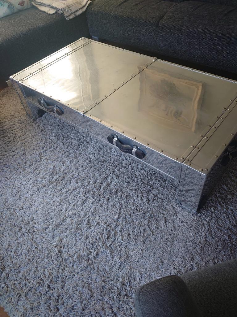 Chroom kleur Salontafel met Leren Handgrepen en Beklede Lade, Ophalen, Gebruikt, 100 tot 150 cm, 50 tot 100 cm