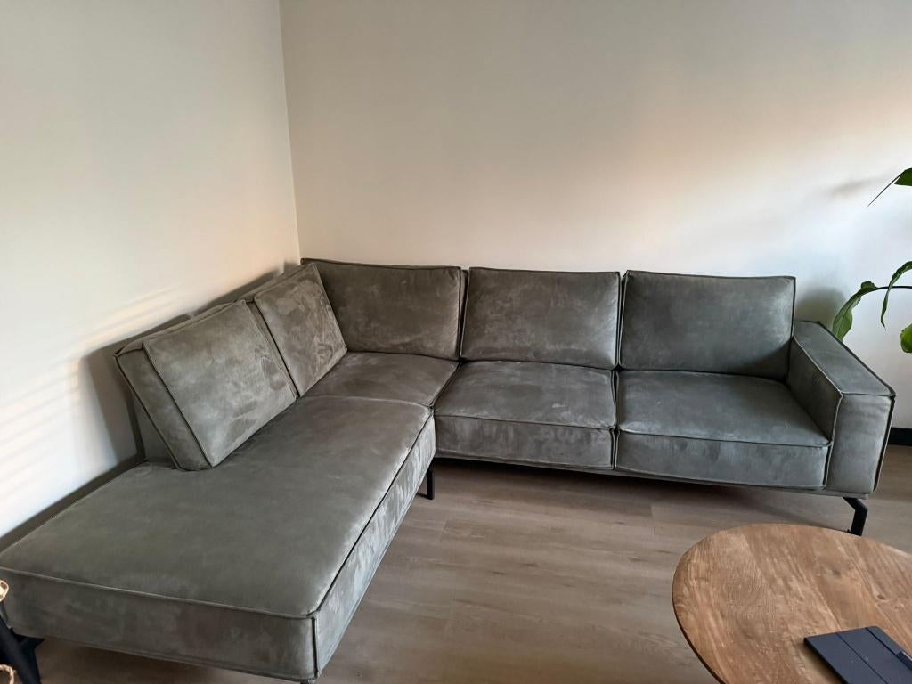 L-vormige hoekbank leren groene bekleding, Huis en Inrichting, Banken | Bankstellen, Gebruikt, Hoekbank, Vierpersoons of meer