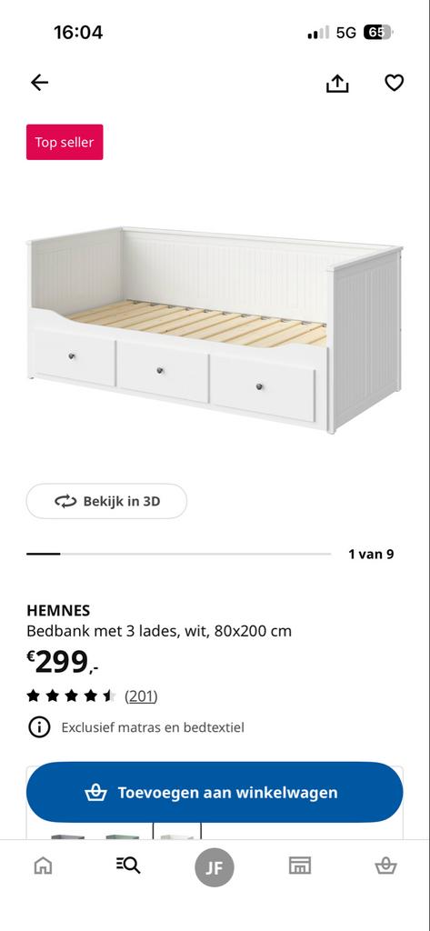 Ikea Hemnes bedbank met 3 lades, wit, Ophalen, Eenpersoons, Wit, 80 cm