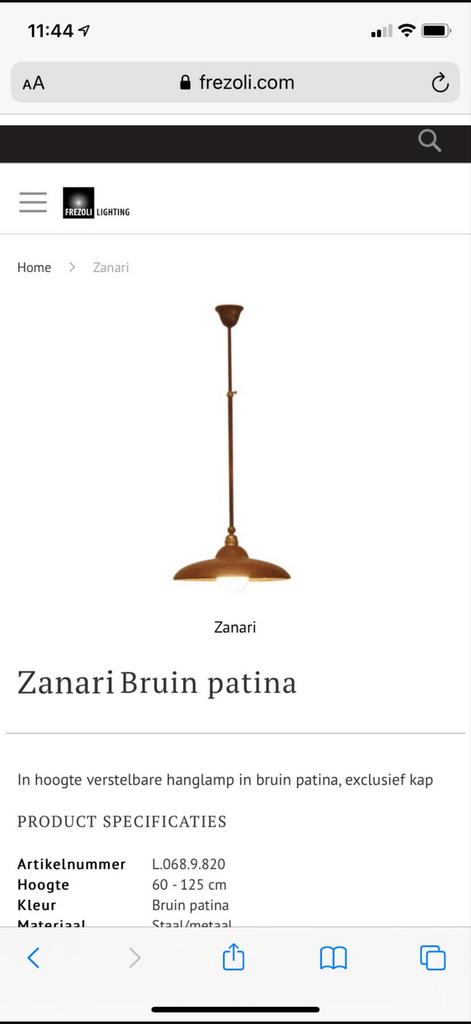 Frezoli Zanari Hanglamp - Bruin Patina, Verstelbaar, Ophalen of Verzenden, Nieuw, Metaal, 50 tot 75 cm