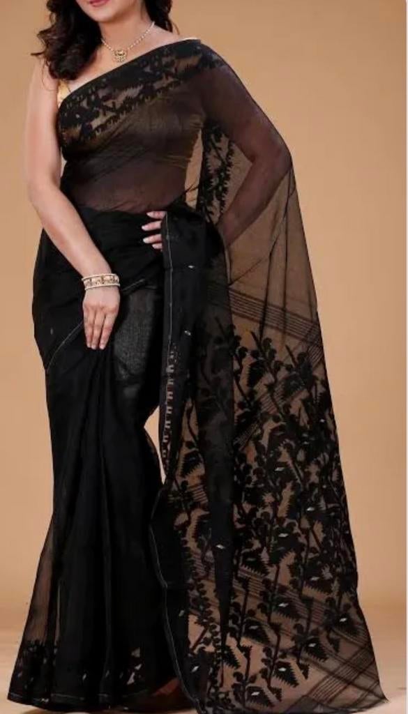 Zwarte Jamdani Sari met Kleurrijke Achal, Kleding | Dames, Zwart, Maat 42/44 (L), Nieuw, Ophalen of Verzenden