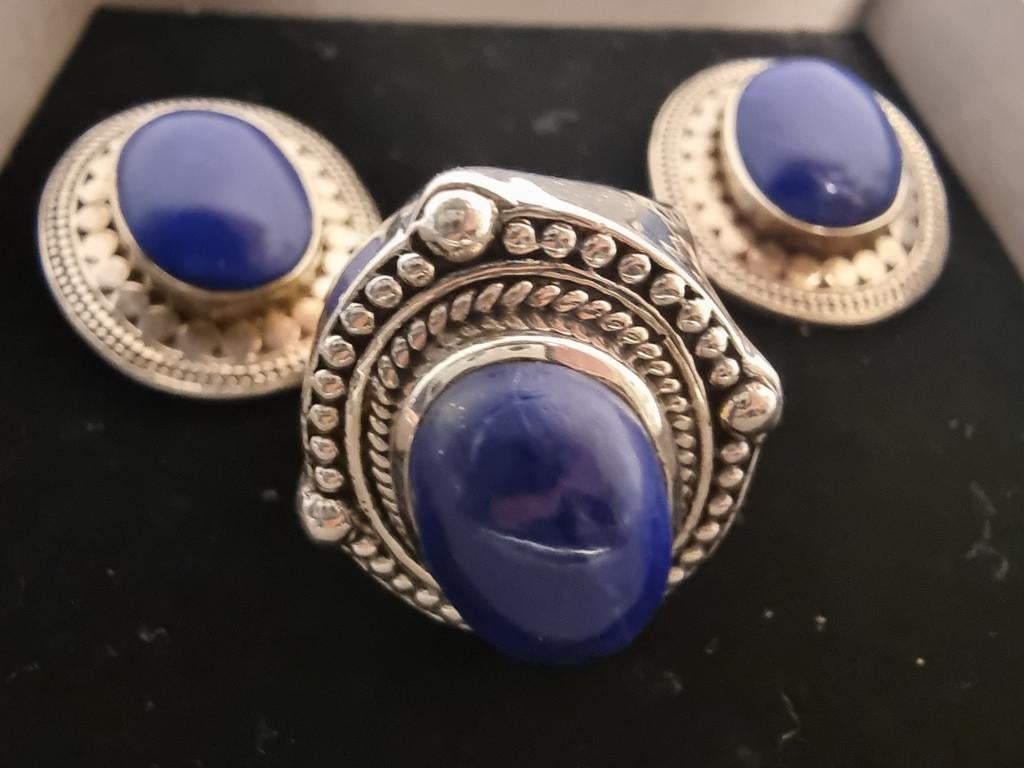 Zilveren set met lapis lazuli stenen ring en oorbellen, Ophalen of Verzenden