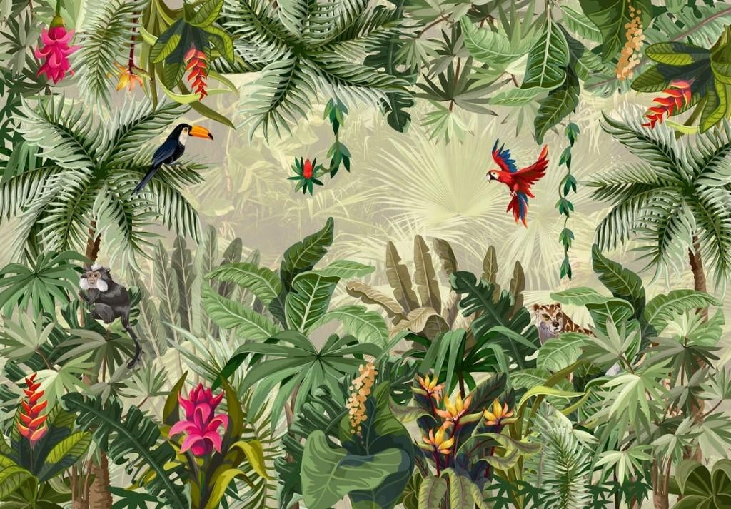 Into the Jungle behang kinderkamer, 368x254 | Muurdeco4kids, Verzenden, Minder dan 10 m², Junglebehang, Junglekamer, papagaai, vogels