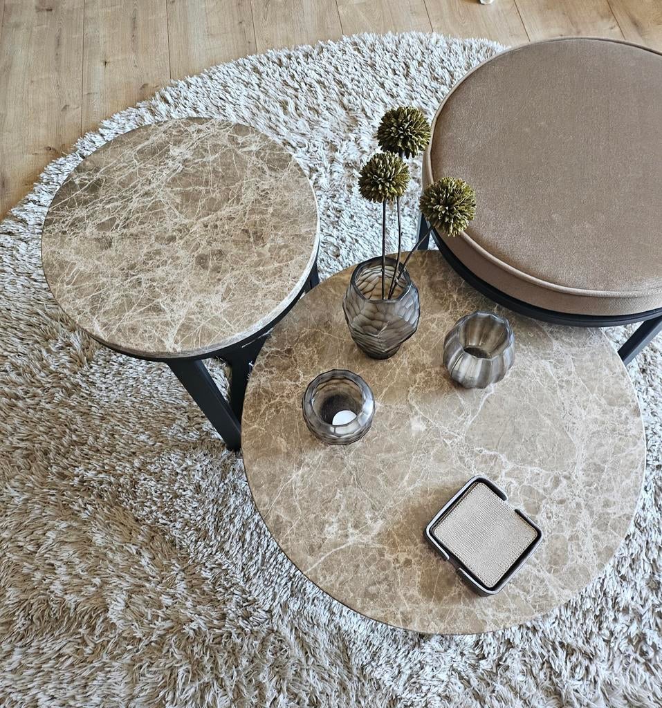 Set van 3 tafeltjes marmer en poef, Ophalen, 50 tot 100 cm, Rond, 50 tot 100 cm