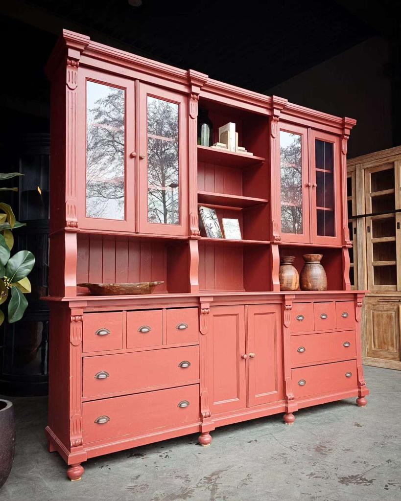 Antieke wijnrode winkelkast | buffetkast Grenenhout #2659, Niet ingevuld, Gebruikt, Met deur(en), 200 cm of meer