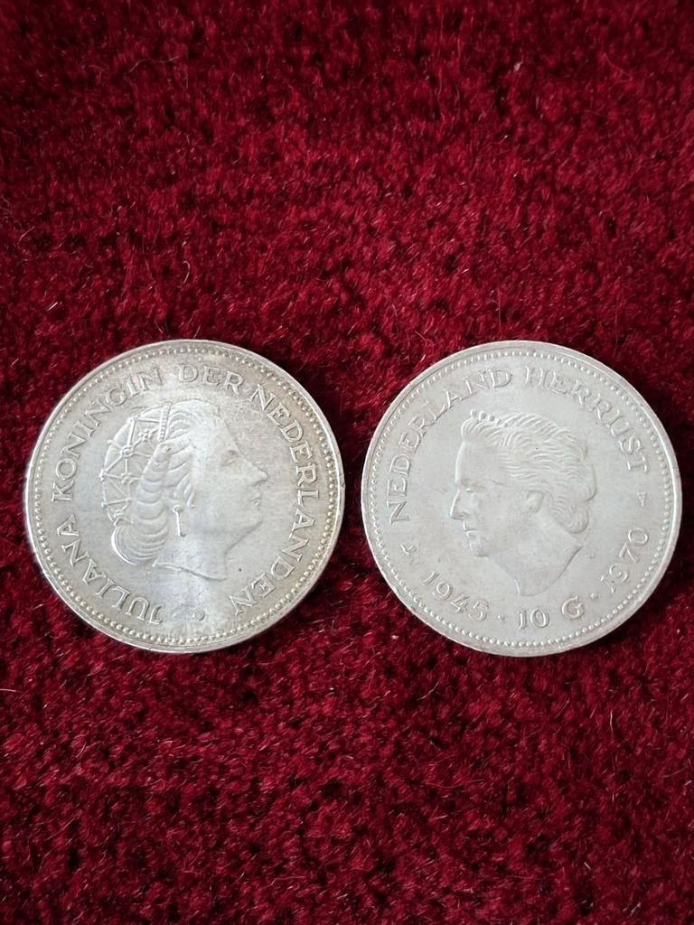 2 Zilveren Tientjes Nederland Herrijst 1945-1970 Juliana, Koningin Juliana, Setje, Zilver, Ophalen of Verzenden