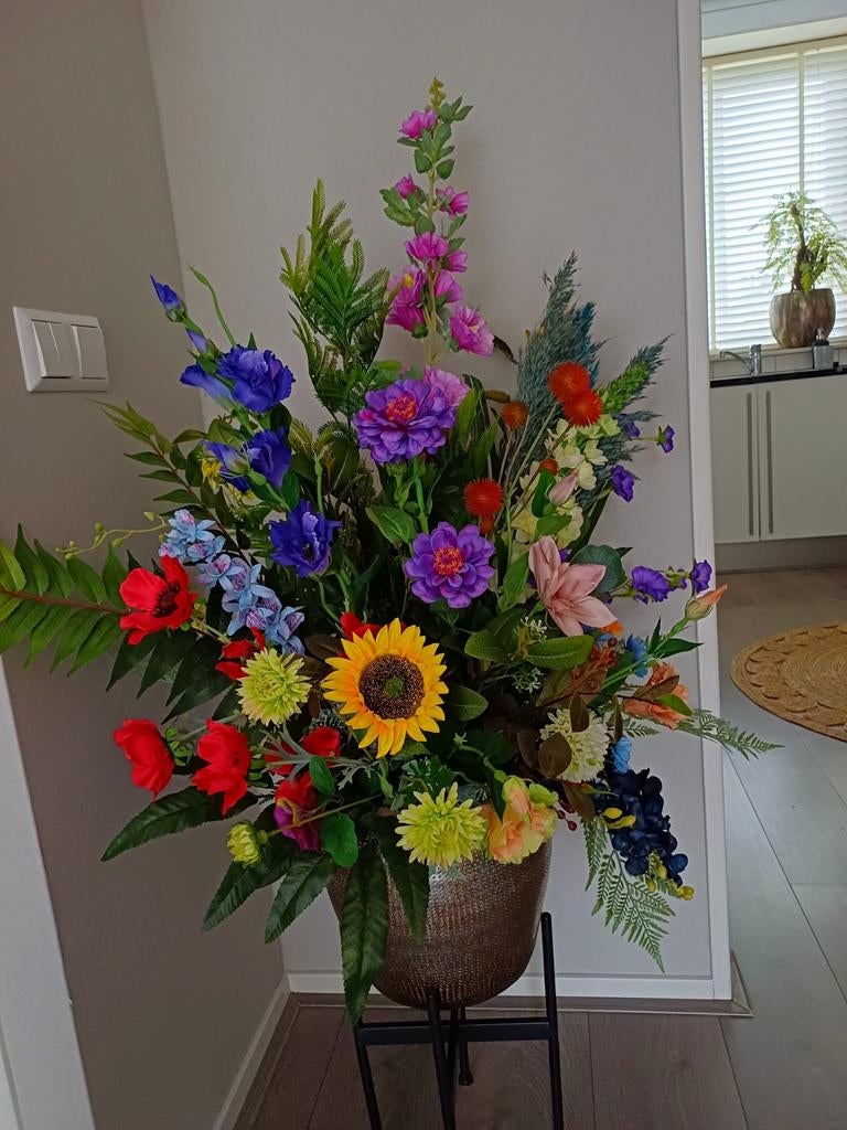 Zijden bloemstuk met vaas, H100 cm, Ophalen of Verzenden, Overige kleuren, Glas, 75 cm of meer