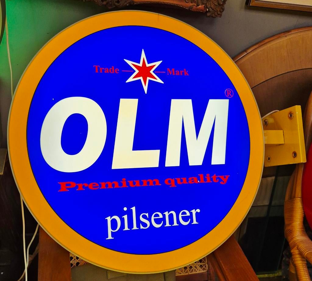 Dubbelzijdige, XL lichtbak, lichtreclame OLM pilsener, Ophalen, Reclamebord, Plaat of Schild, Overige merken