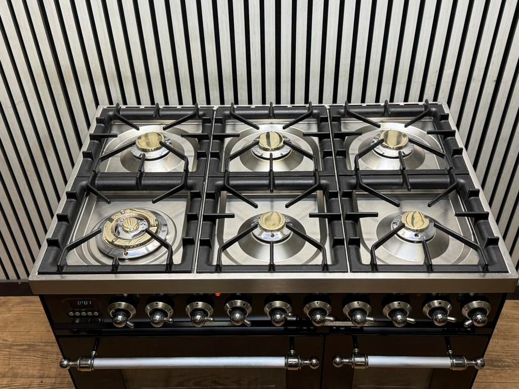 Luxe Boretti Fornuis 6 pits antraciet dubbele oven 90 cm, Fornello Esperta, Ophalen of Verzenden, Zo goed als nieuw, Energieklasse A of zuiniger