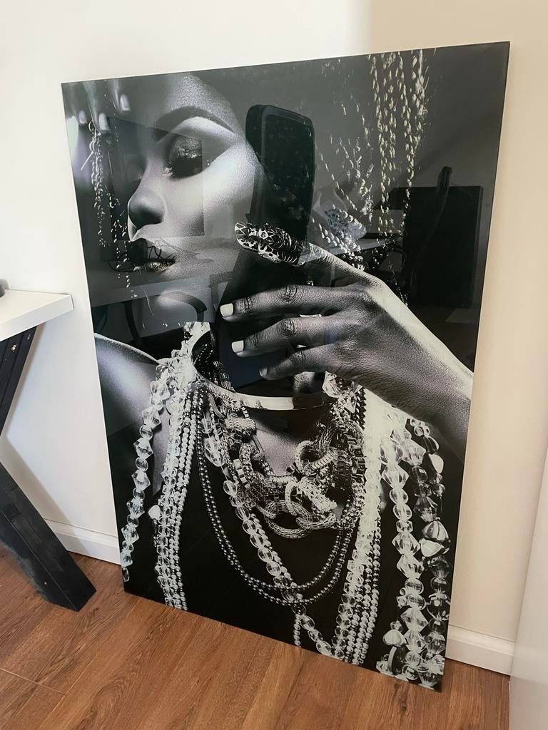 Glazen wandplaat met afbeelding vrouw zwart wit, Ophalen, Zo goed als nieuw