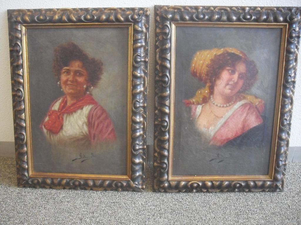 achille petrocelli 2 portret schilderijen dames, Antiek en Kunst, Ophalen of Verzenden