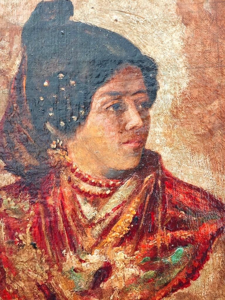 Antiek Spaans Portret – 19e Eeuw –  "Dame in Klederdracht", Antiek en Kunst, Ophalen of Verzenden