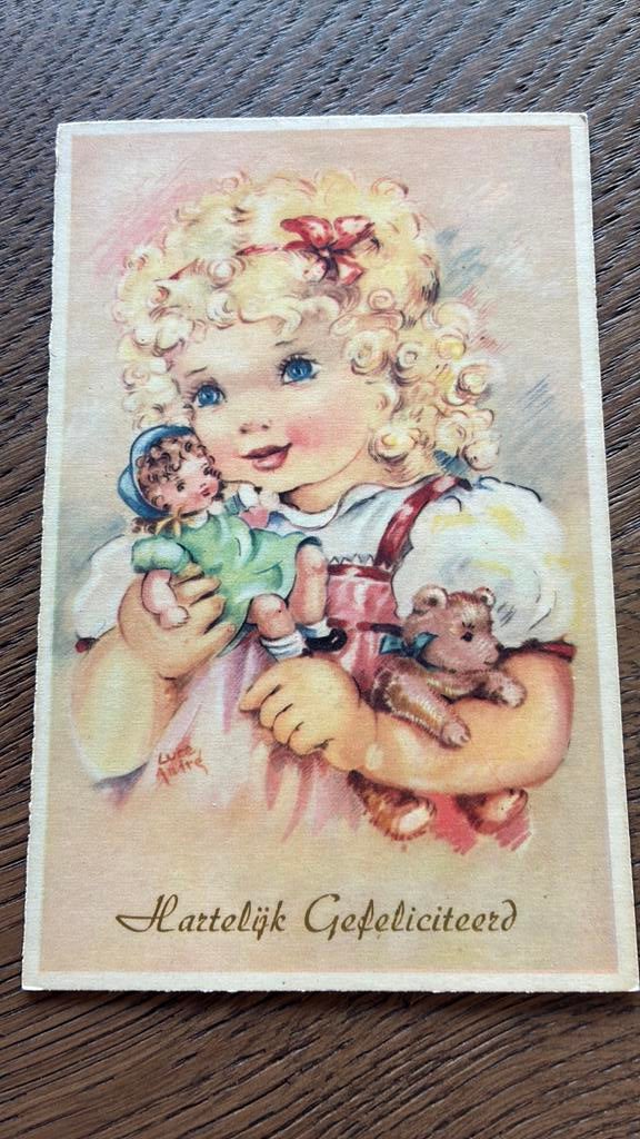 Blond krullenkopje met pop en beer. Felicitatie, Ophalen of Verzenden, 1940 tot 1960, Ongelopen, Kinderen