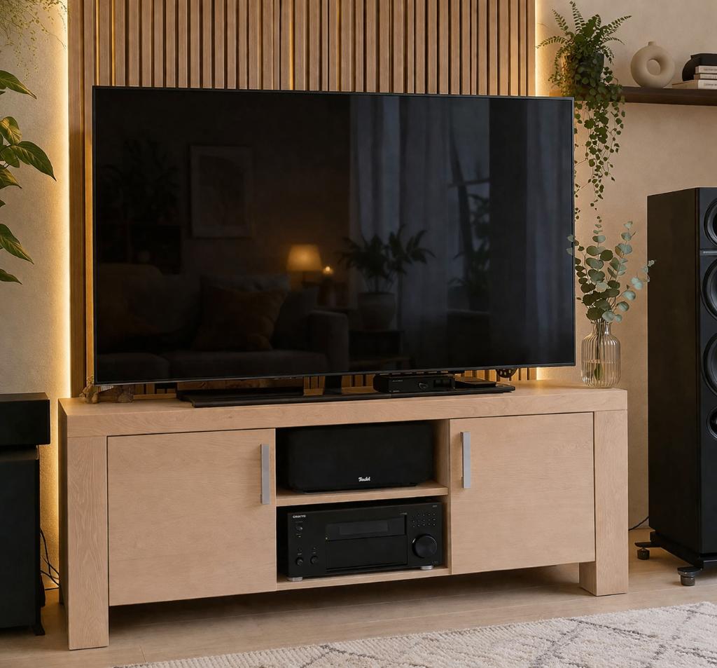 TV meubel van massief eiken, Huis en Inrichting, Kasten | Televisiemeubels, Ophalen, 150 tot 200 cm, Zo goed als nieuw, Minder dan 100 cm