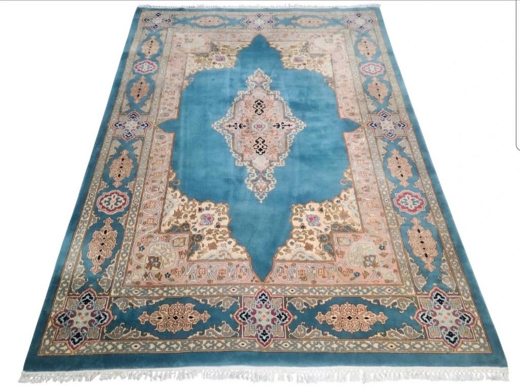 Handmade oriental wool Kirman carpet light blue 175x235cm, Huis en Inrichting, Stoffering | Tapijten en Kleden, Gebruikt, 150 tot 200 cm