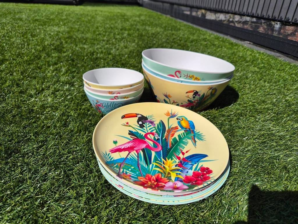 Vrolijk Zomers Kunststof Servies - Tropische Flamingo's, Huis en Inrichting, Keuken | Servies, Overige materialen, Ophalen of Verzenden